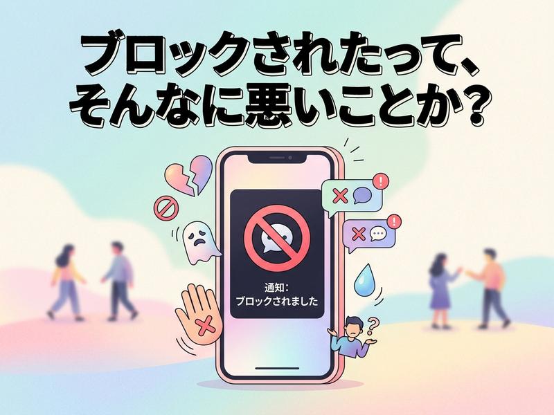 「ブロックされたって、そんなに悪いことか？」というタイトルと、スマホにブロック通知が表示され、困惑する様子のイラスト。