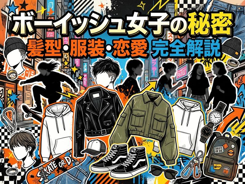 ボーイッシュ女子の髪型、服装、アクセサリーを紹介するストリート系イラスト。