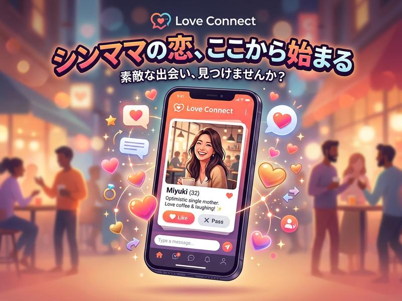 マッチングアプリ「Love Connect」で、シンママの恋が始まるイメージ。スマホ画面とハートが舞う。