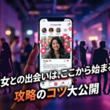 スマートフォンにマッチングアプリ画面、バーに男女のシルエット。美女との出会いを促す広告。