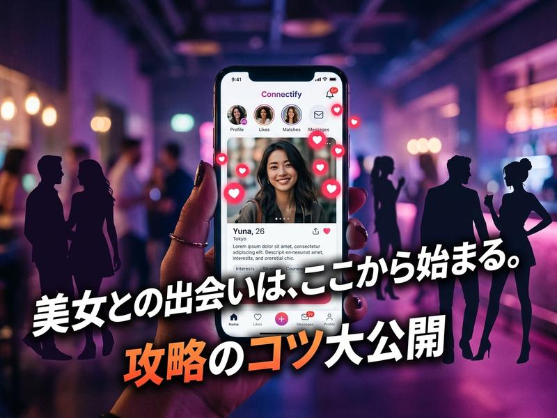 スマートフォンにマッチングアプリ画面、バーに男女のシルエット。美女との出会いを促す広告。
