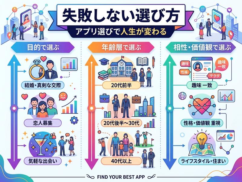 失敗しないアプリ選びのコツを、目的・年齢層・相性・価値観で解説する図。