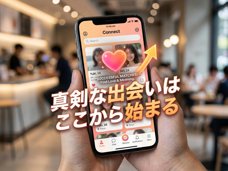 カフェでマッチングアプリを表示したスマホを持つ手。「真剣な出会いはここから始まる」の文字。