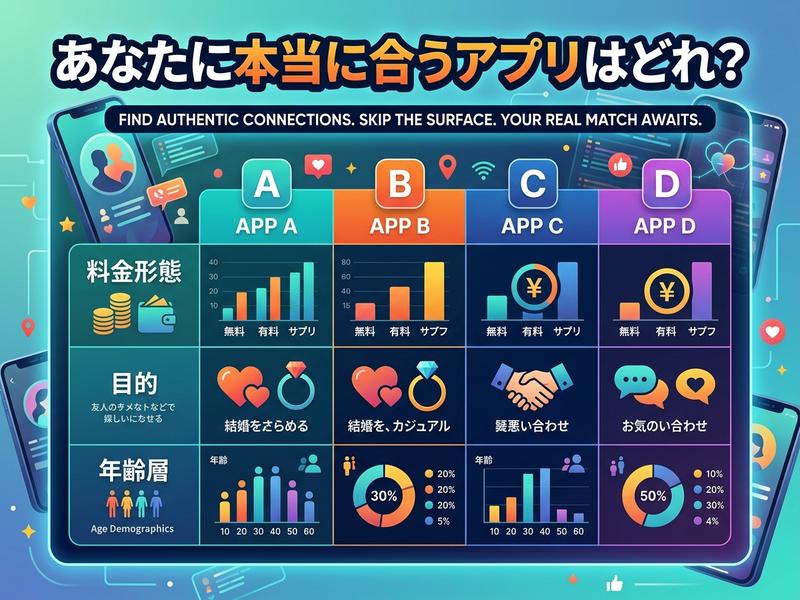料金、目的、年齢層で比較したマッチングアプリ選びの表。