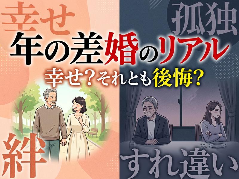 年の差婚の幸福と絆、そして孤独とすれ違いの現実を描いたイラスト。
