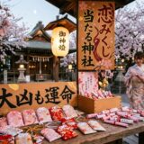 桜が咲く神社でお守りやおみくじを見る着物姿の女性。