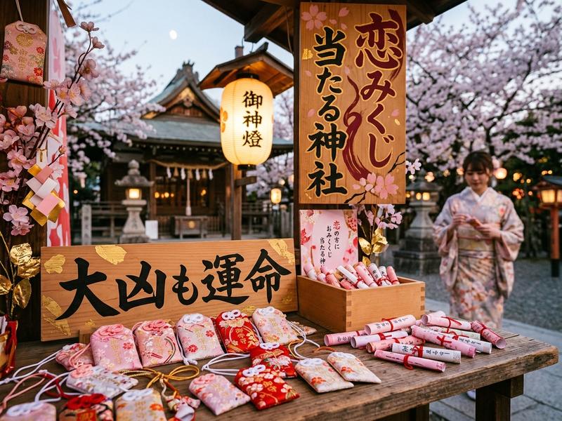 桜が咲く神社でお守りやおみくじを見る着物姿の女性。