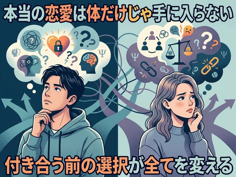 恋愛の複雑な選択を考える男女。本当の愛と交際前の決断がテーマ。
