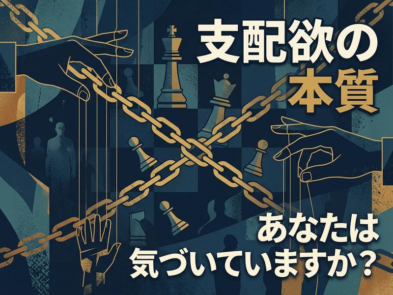 「支配欲の本質」をテーマにしたイラスト。操られる手、鎖、チェス駒が描かれている。