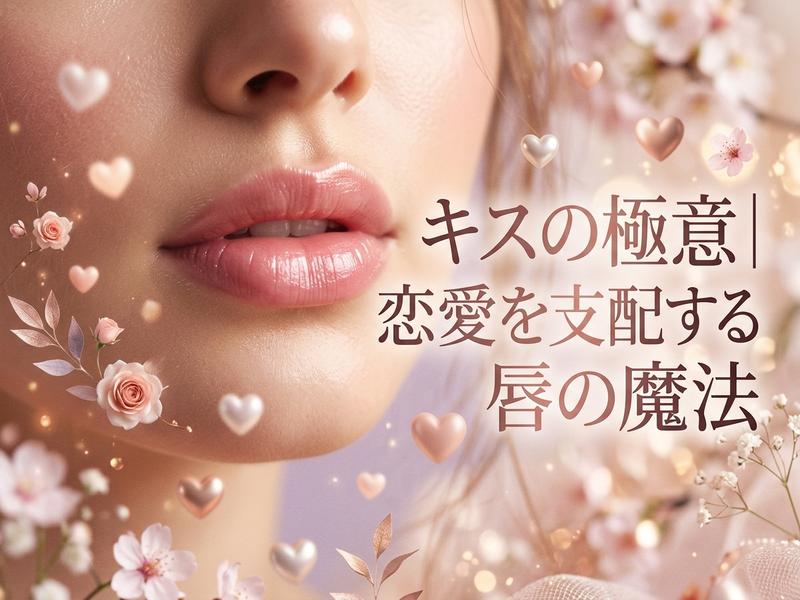 女性の口元アップ。ピンクの唇、花とハートで飾られたロマンチックなイメージ。