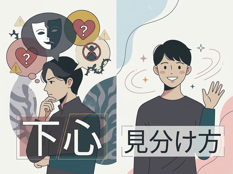 下心を見分けたいと悩む男性と、笑顔で手を振る男性のイラスト。