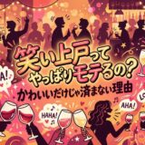 テキスト:「笑い上戸ってやっぱりモテるの?」ワインを飲む男女のイラスト。