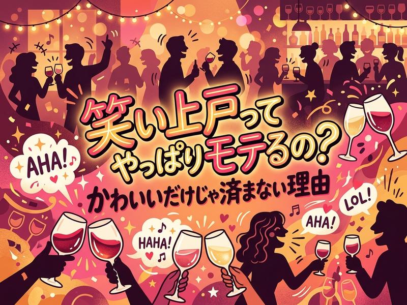 テキスト:「笑い上戸ってやっぱりモテるの？」ワインを飲む男女のイラスト。