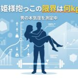 お姫様抱っこをする男女と、男性の限界体重・本気度を測る図。
