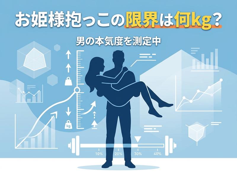 お姫様抱っこをする男女と、男性の限界体重・本気度を測る図。