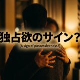 抱き合う二人の後ろ姿。「独占欲のサイン?」の文字。