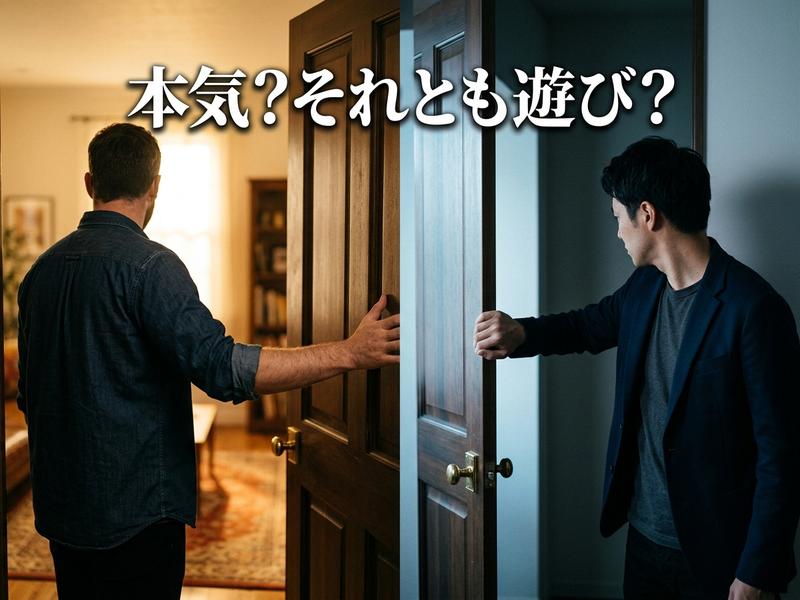 「本気？それとも遊び？」の文字と、異なる扉を開ける2人の男性。