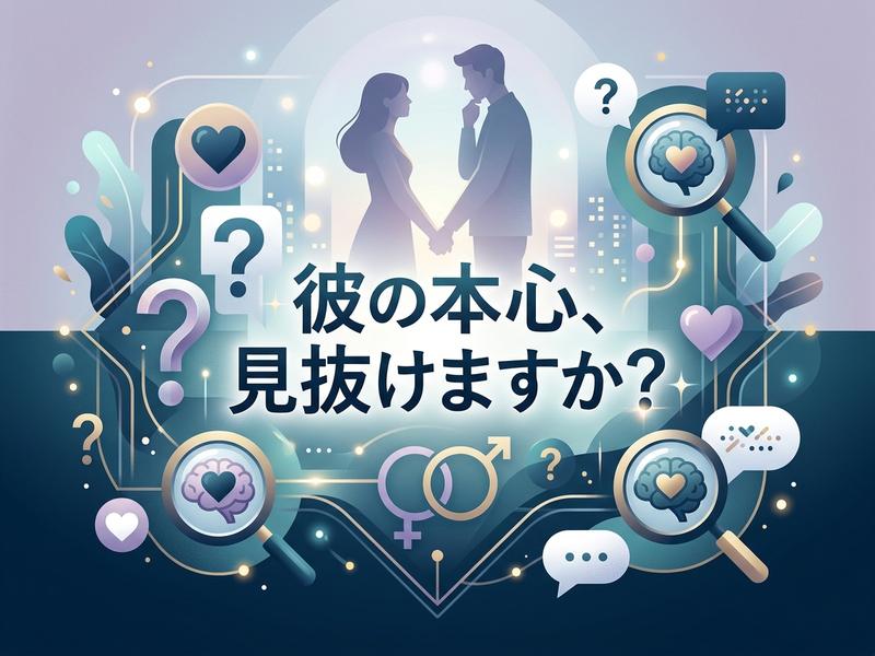 「彼の本心、見抜けますか？」の問いかけと、男女のシルエット、心理を探るイラスト。