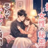 夜、ソファで寄り添い抱き合う幸せそうなカップルのイラスト。