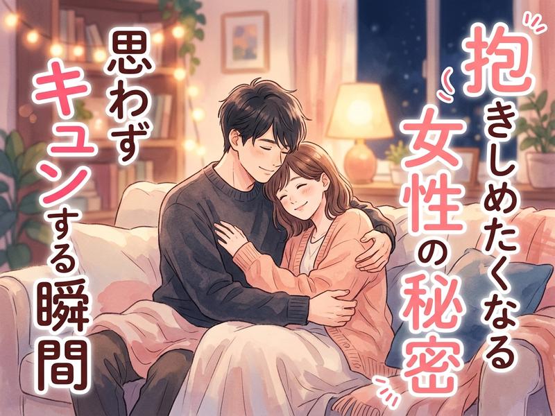 夜、ソファで寄り添い抱き合う幸せそうなカップルのイラスト。