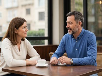 カフェで穏やかに会話する大人の男女のイメージ写真
