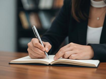 ノートにペンで書き物をする女性の手元の写真