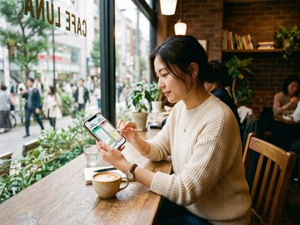 カフェでスマホを見ながらアプリを比較検討している20代女性(800×600)
