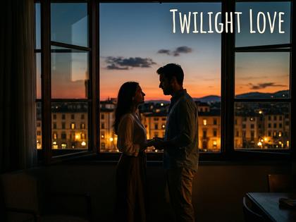 夕暮れの窓辺で見つめ合うカップルのシルエット