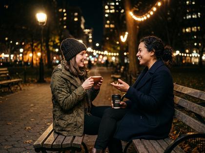 夜のベンチでコーヒー片手に話す女性二人