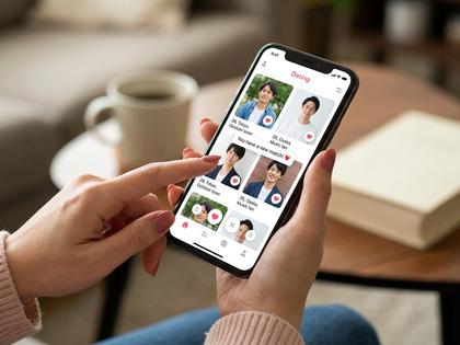 スマートフォンでマッチングアプリを操作する女性の手元