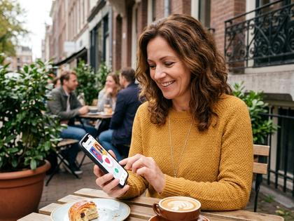 スマホでマッチングアプリを開いている40代女性が、カフェで微笑んでいるシーン