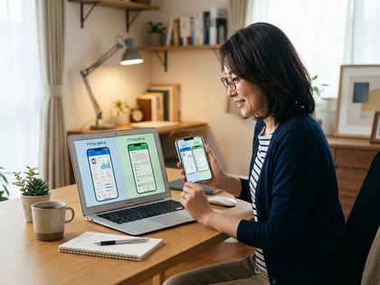 ノートパソコンとスマートフォンを並べてアプリを比較する40代女性のデスク
