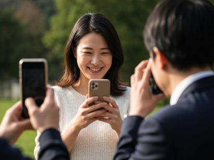 スマホを見ながら笑顔で他撮りされている自然光の中の女性