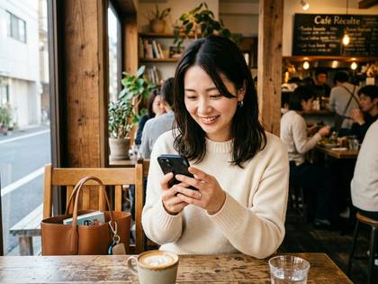 カフェでスマホを操作し、微笑む女性。