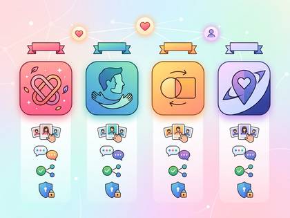 ソーシャルアプリの機能アイコン。マッチング、チャット、セキュリティを示す。