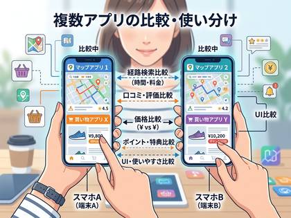 複数のアプリを比較・使い分ける女性。地図アプリと買い物アプリでルートや価格、UIを比較検討している様子。