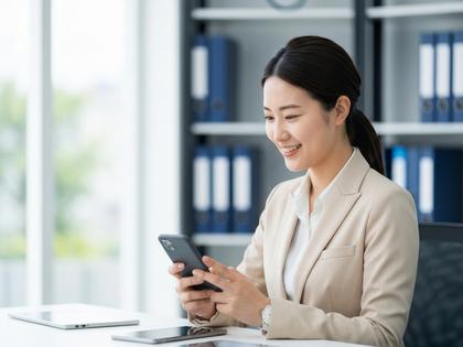 スマートフォンを操作しながら微笑む女性社員
