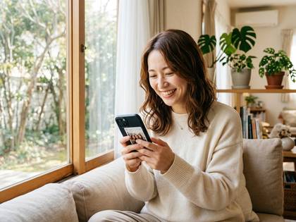 リビングの窓際で、笑顔でスマートフォンを操作する女性。
