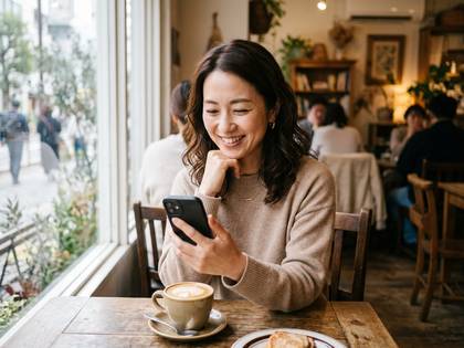 カフェで笑顔の女性がスマートフォンを操作している。