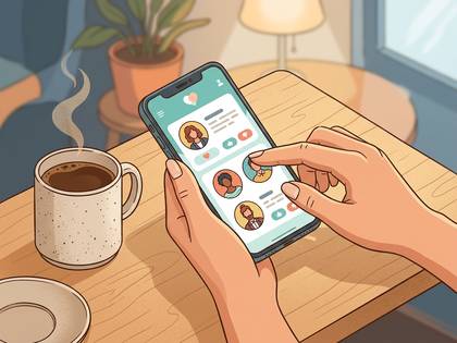 コーヒーを飲みながらマッチングアプリを操作する人。