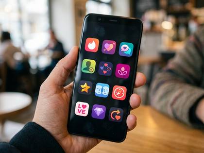手に持ったスマホ画面に、出会い系アプリのアイコンが並ぶ。