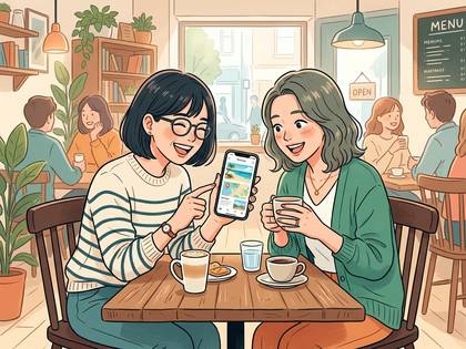 カフェで女性二人がスマートフォンを見せながら談笑している様子。