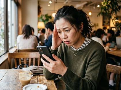 カフェでスマホを見て衝撃を受け、頭を抱える女性。