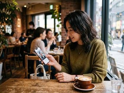 カフェでコーヒーとスマホを前に微笑む女性。