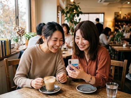 カフェでスマートフォンを見て笑顔で楽しむ2人の女性。