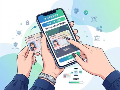 スマートフォンでマイナンバーカードを本人確認するイラスト。