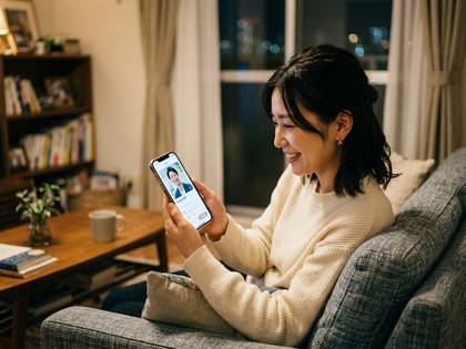 ソファに座り、笑顔でスマートフォンを見つめる女性。