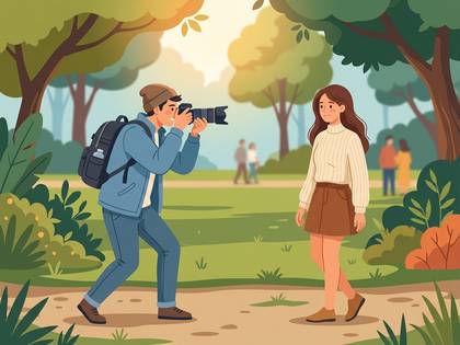 公園でカメラを構える男性が、女性のポートレートを撮影しているイラスト。