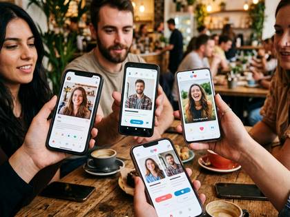 カフェでスマホの出会い系アプリを見ている人々。