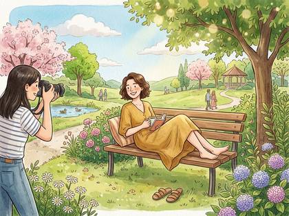 公園のベンチで本を読む女性と、それを撮影する女性。